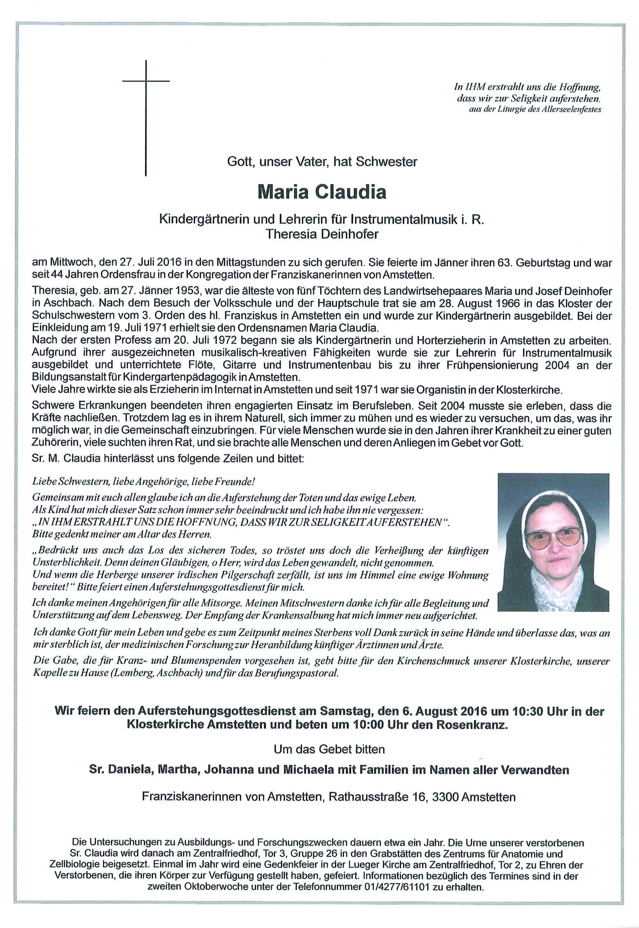 Parte Sr. M. Claudia Deinhofer