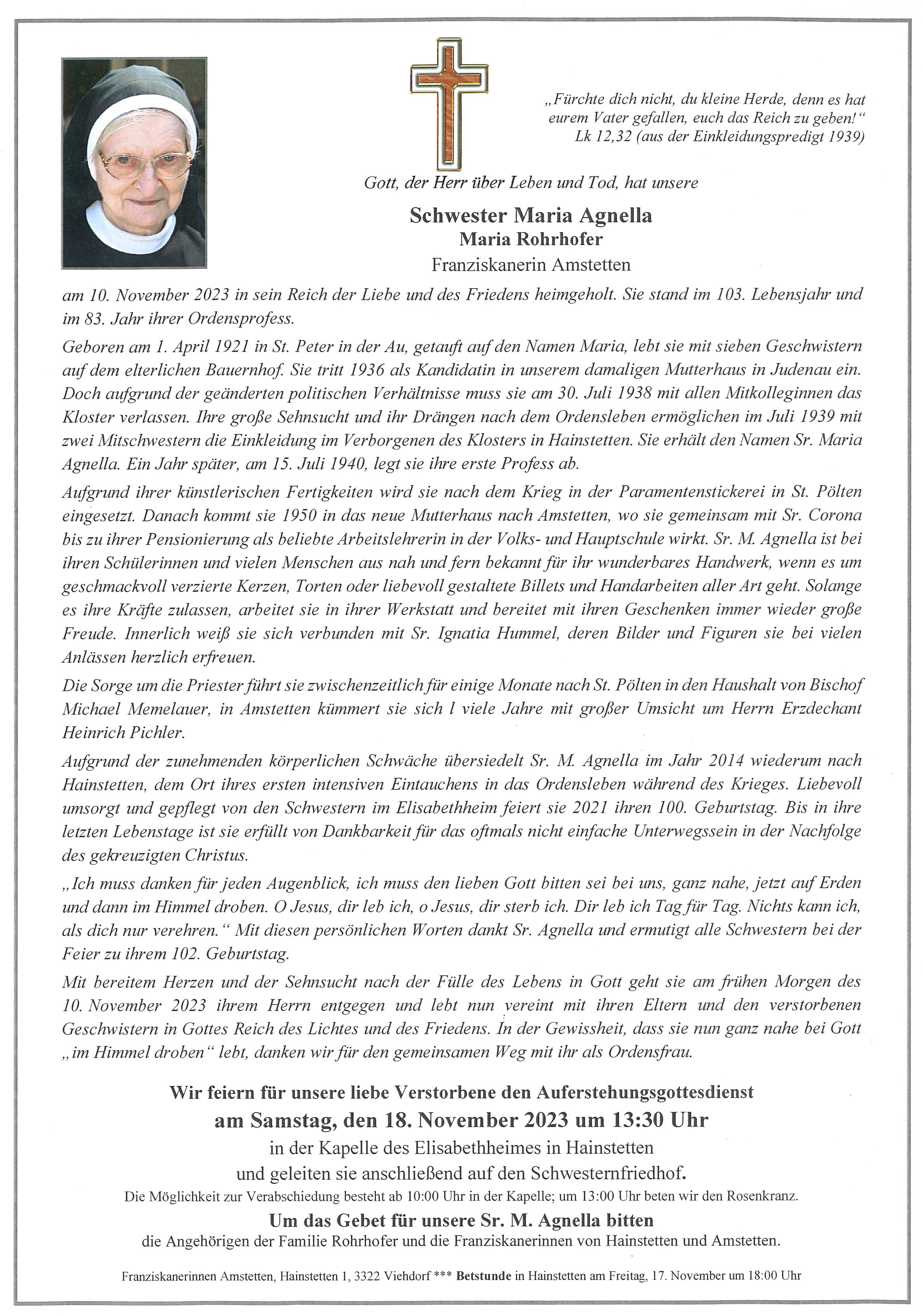 Parte Sr. Maria Agnella Rohrhofer